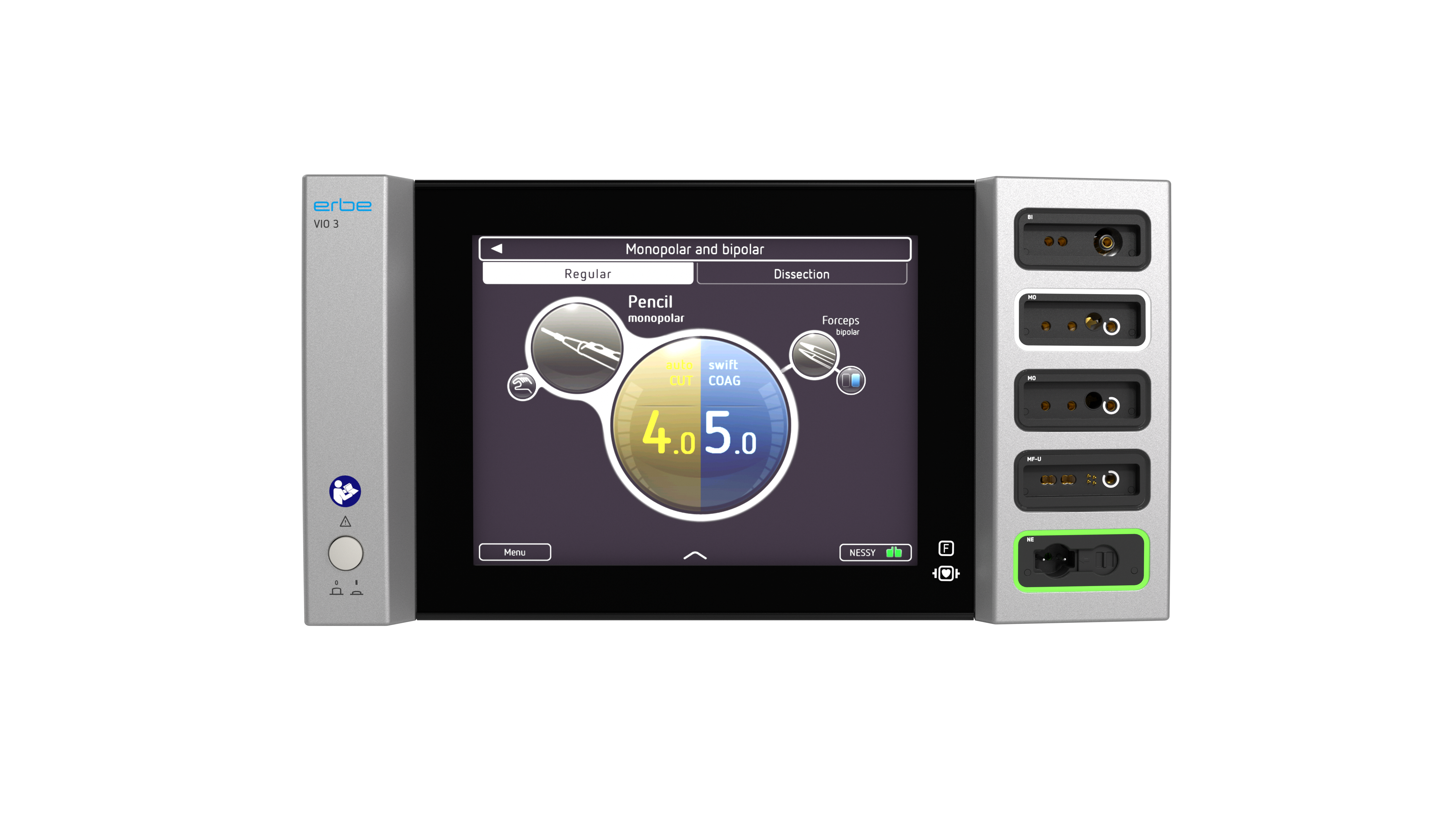VIO® 3 electrosurgical generator with illuminated display showing autoCUT off and swiftCOAG modes on the user interface.